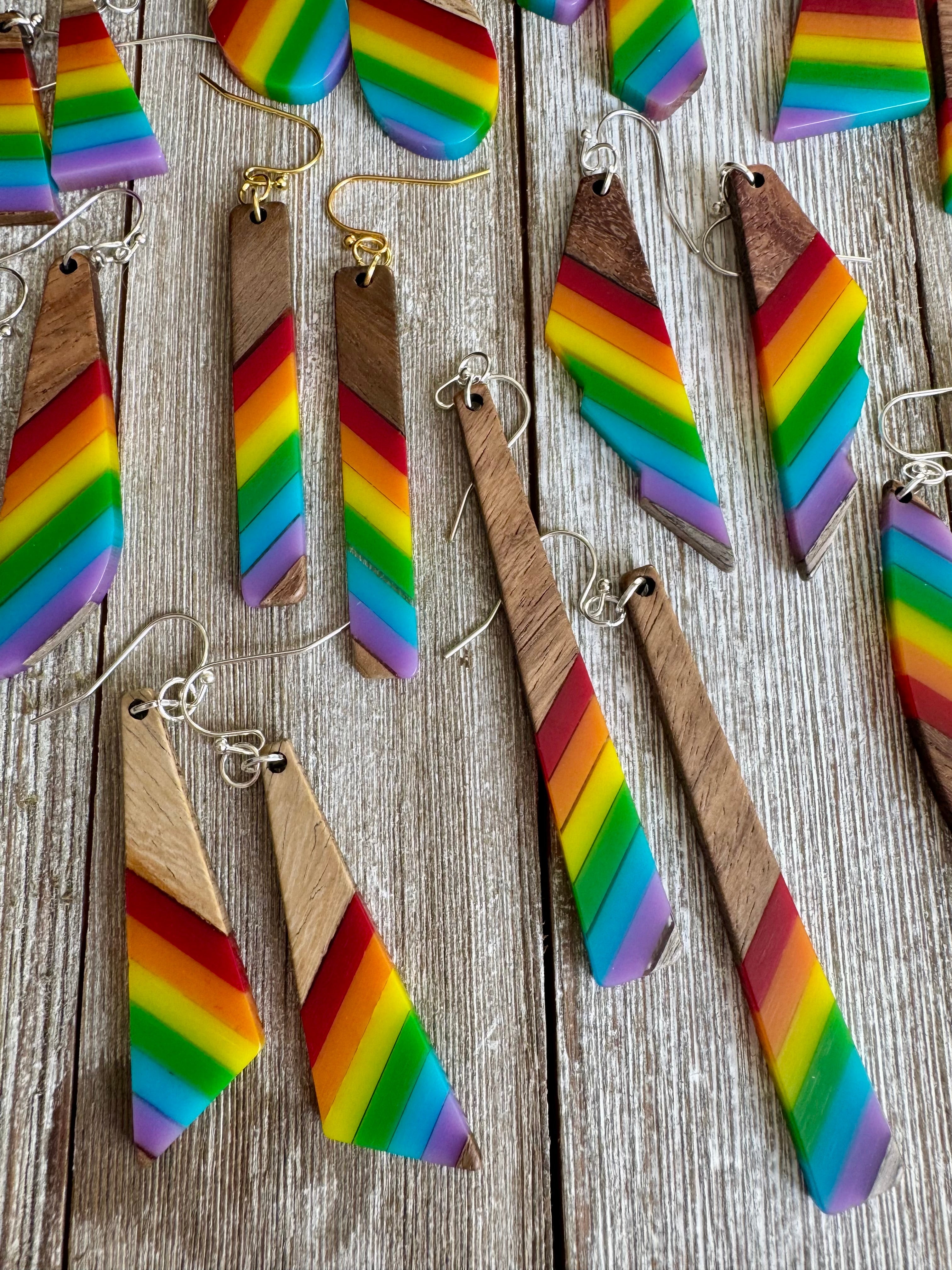 Bespattered Facade Rainbow Stripes Wood and Resin Dangly Earrings by Bespattered Facade