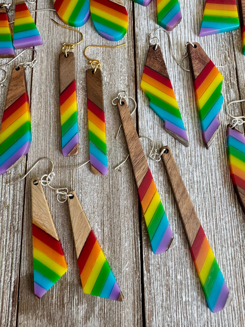 Bespattered Facade Rainbow Stripes Wood and Resin Dangly Earrings