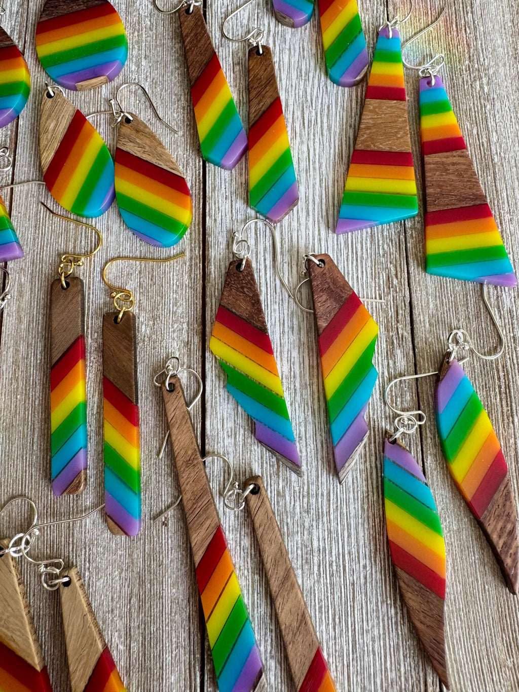 Bespattered Facade Rainbow Stripes Wood and Resin Dangly Earrings by Bespattered Facade
