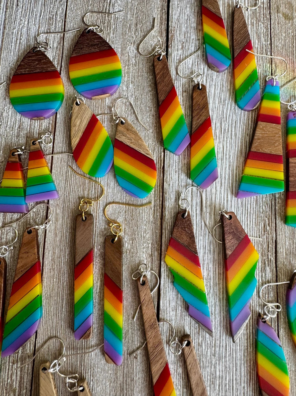 Bespattered Facade Rainbow Stripes Wood and Resin Dangly Earrings by Bespattered Facade