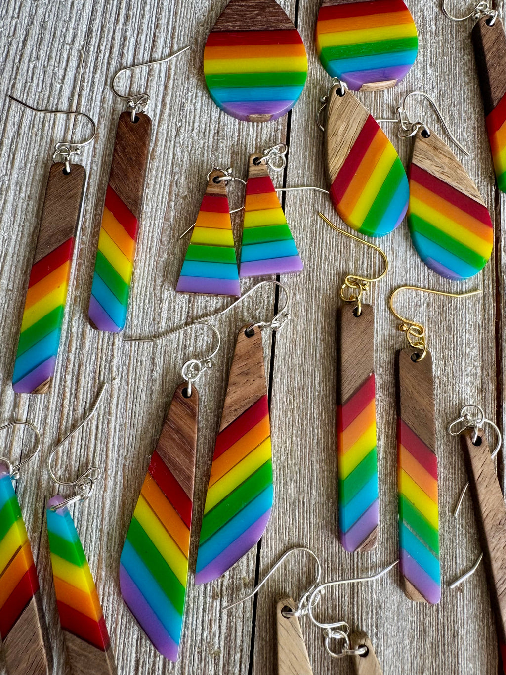 Bespattered Facade Rainbow Stripes Wood and Resin Dangly Earrings