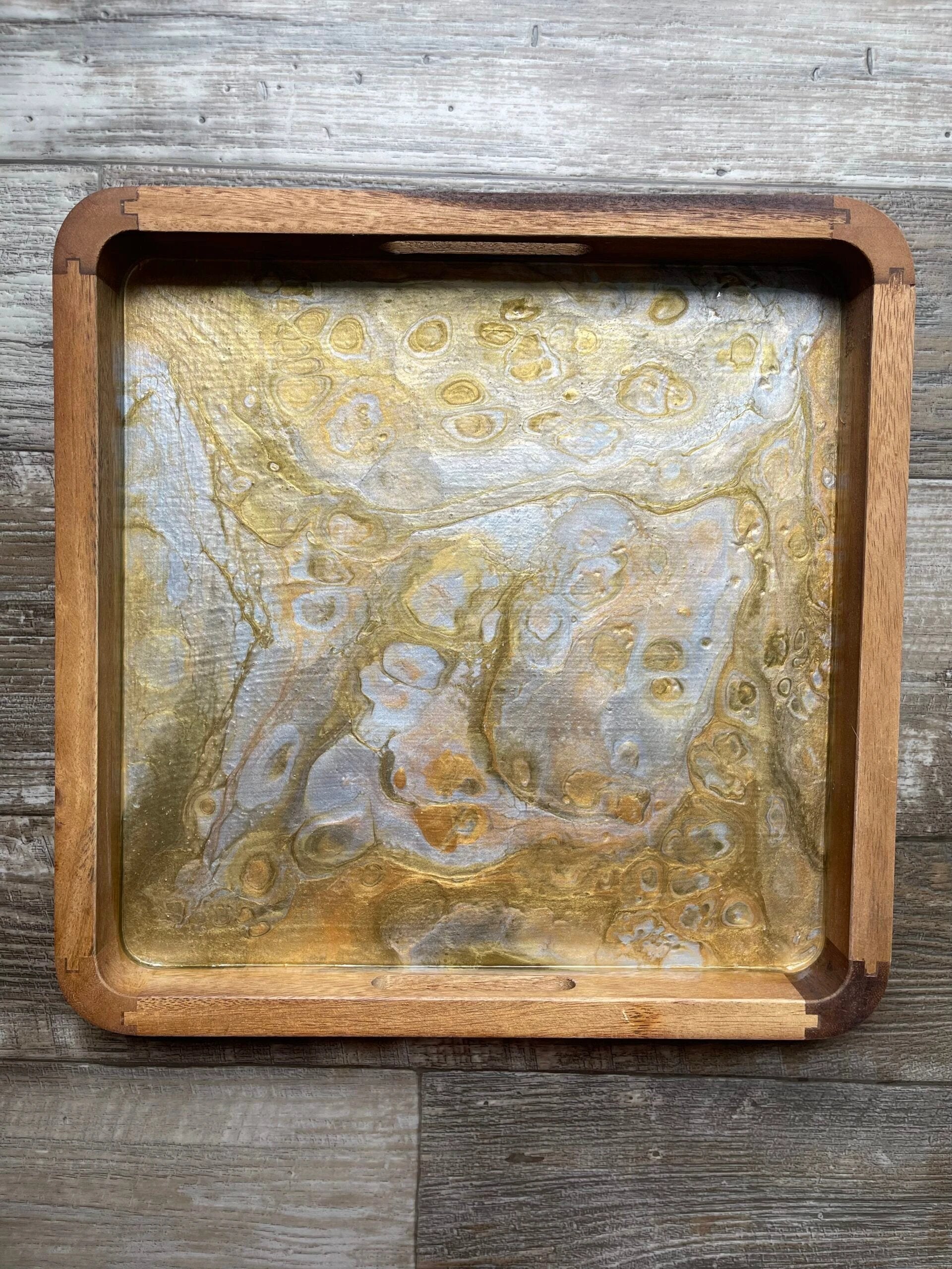 Metallic Neutrals Square Acacia Wood Tray by Bespattered Facade