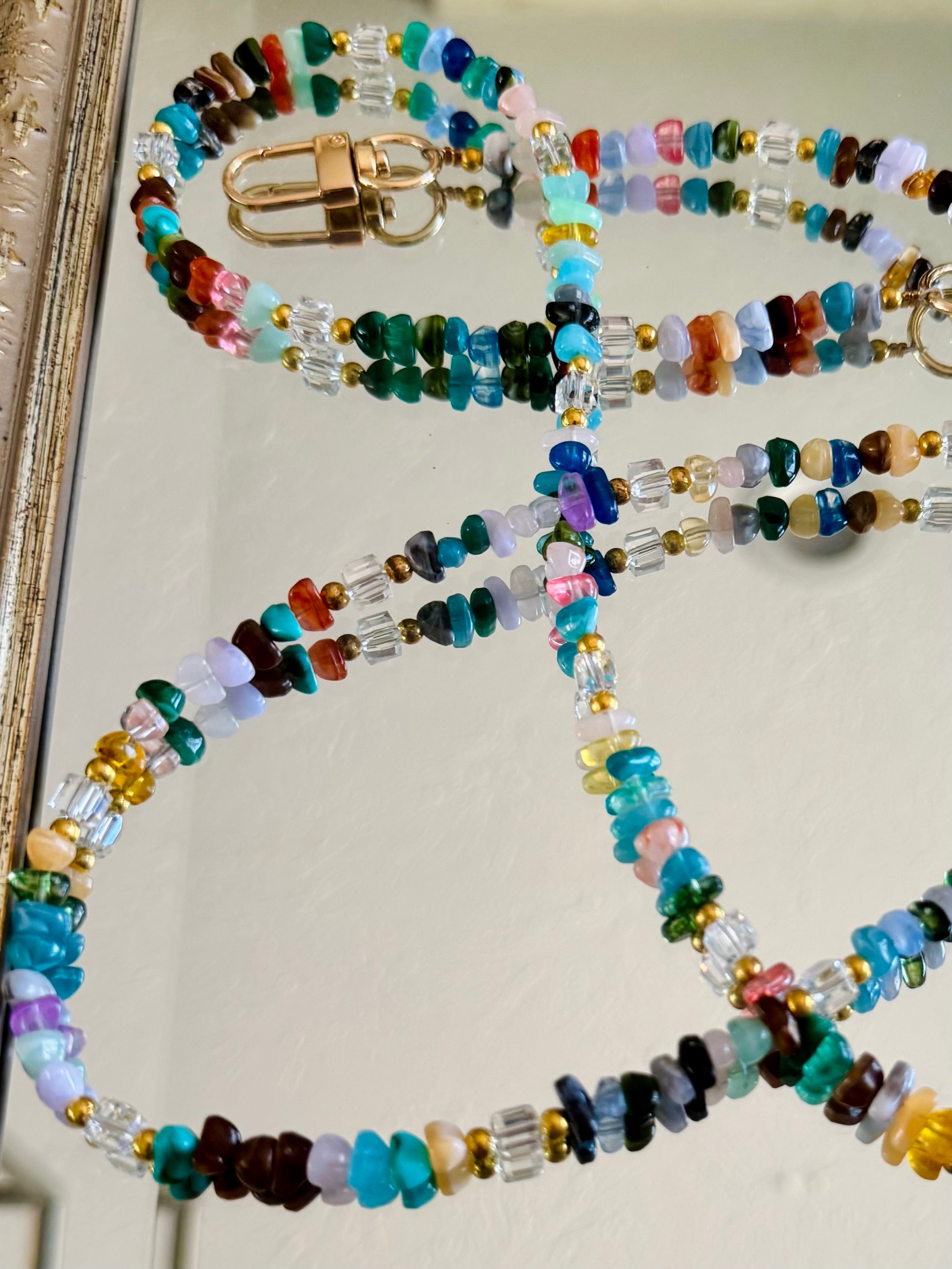 Rainbow Gemstone and Crystal Beaded ID Badge Lanyard / Crossbody Phone Strap / Bag Chain Purse Charm