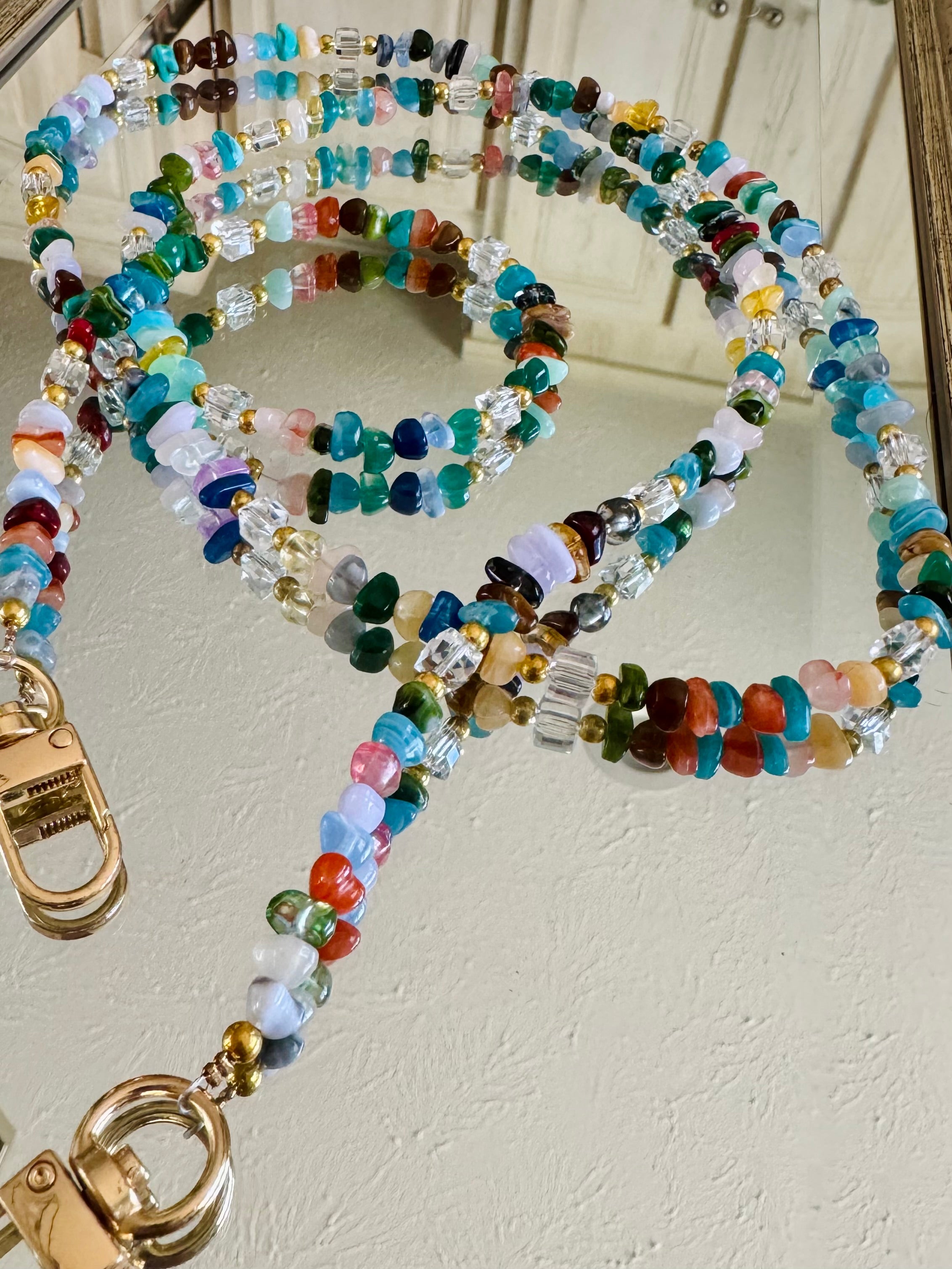 Rainbow Gemstone and Crystal Beaded ID Badge Lanyard / Crossbody Phone Strap / Bag Chain Purse Charm