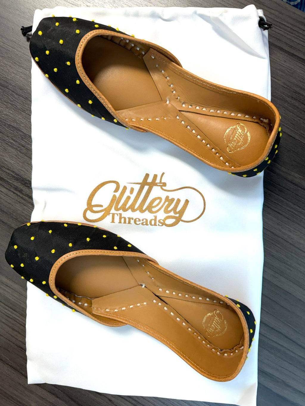 Black Ethnic Punjabi Leather Jutti with Mini Pompom Thread Work | Women's Traditional Wear Mojari | Women Khussa Shoes | Indian Ballet Flats