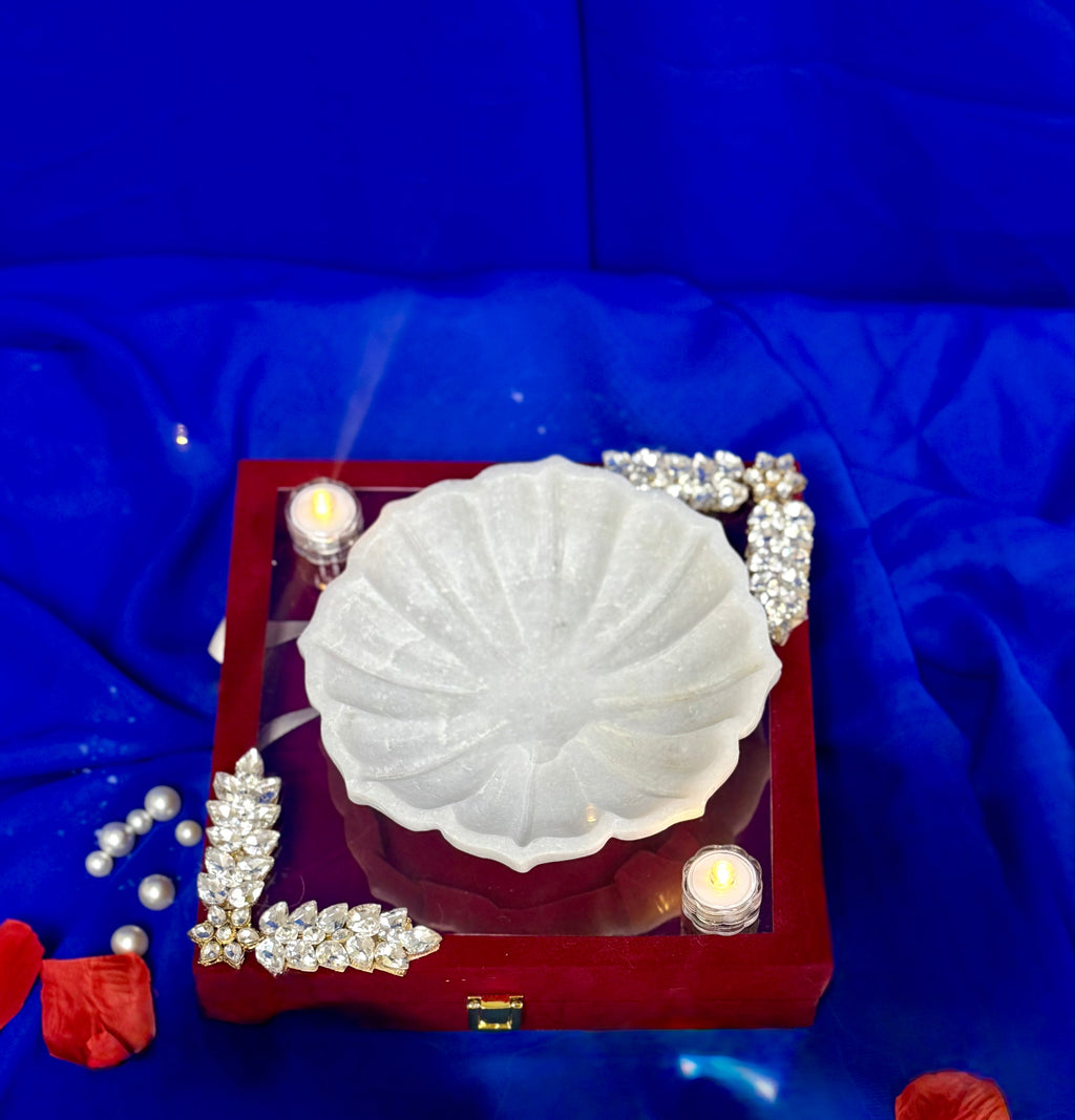 6 Inch Marble Urli with Adorned Velvet Box