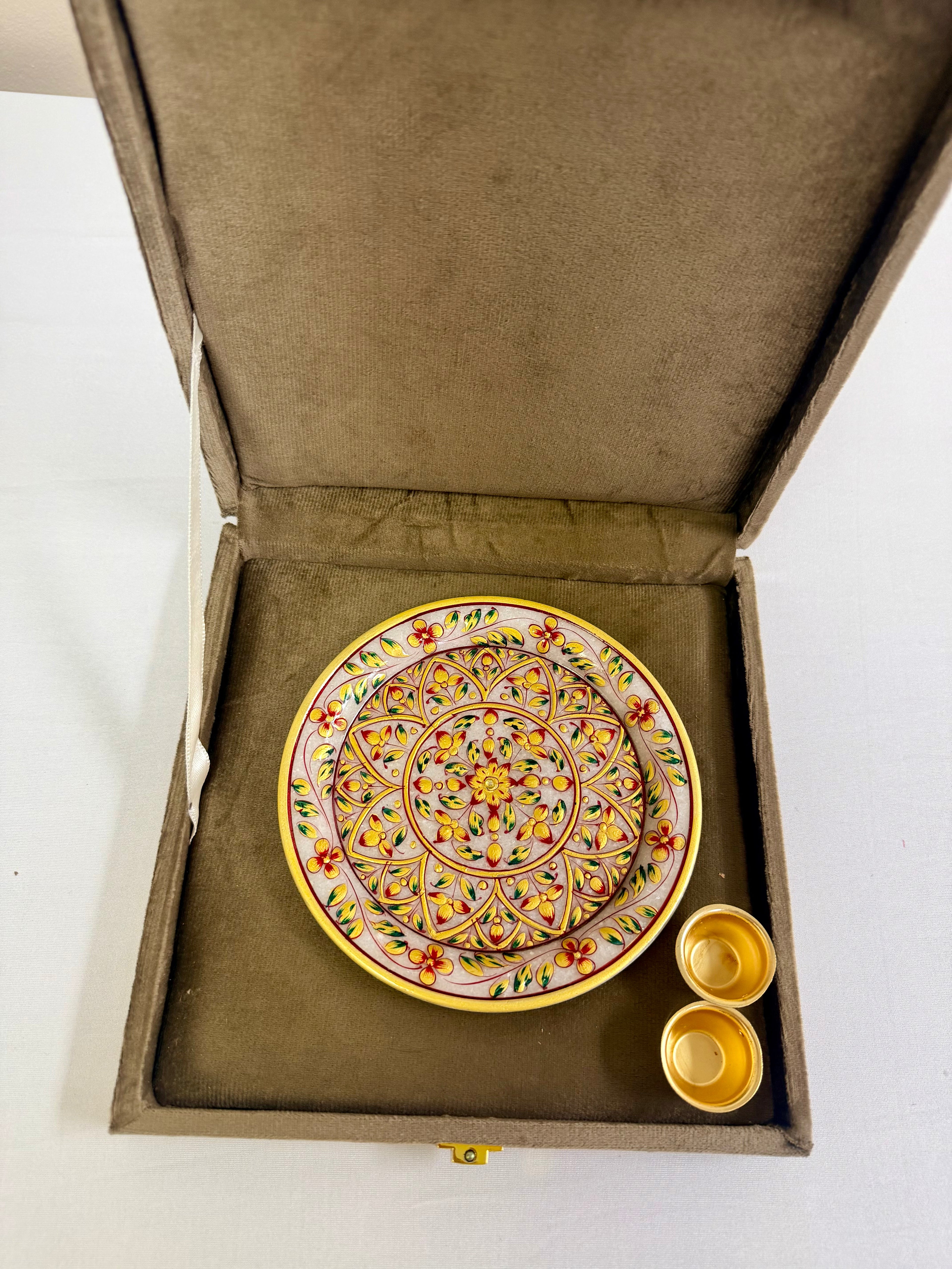 Hand-painted Marble Pooja Plate with Roli Chawal Bowls in Velvet Gift Box