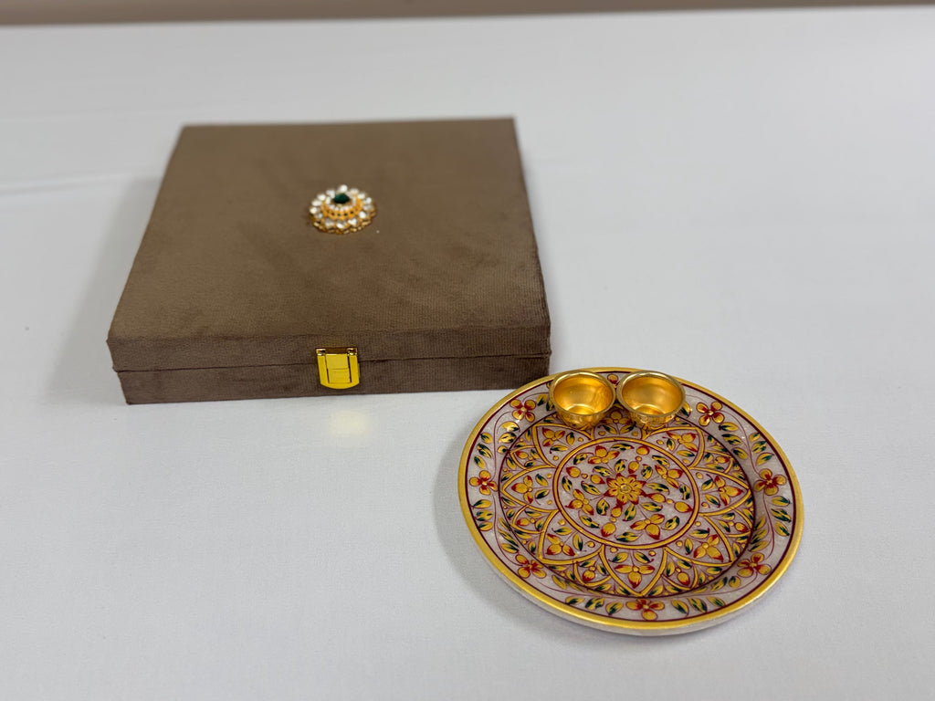 Hand-painted Marble Pooja Plate with Roli Chawal Bowls in Velvet Gift Box