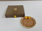 Hand-painted Marble Pooja Plate with Roli Chawal Bowls in Velvet Gift Box