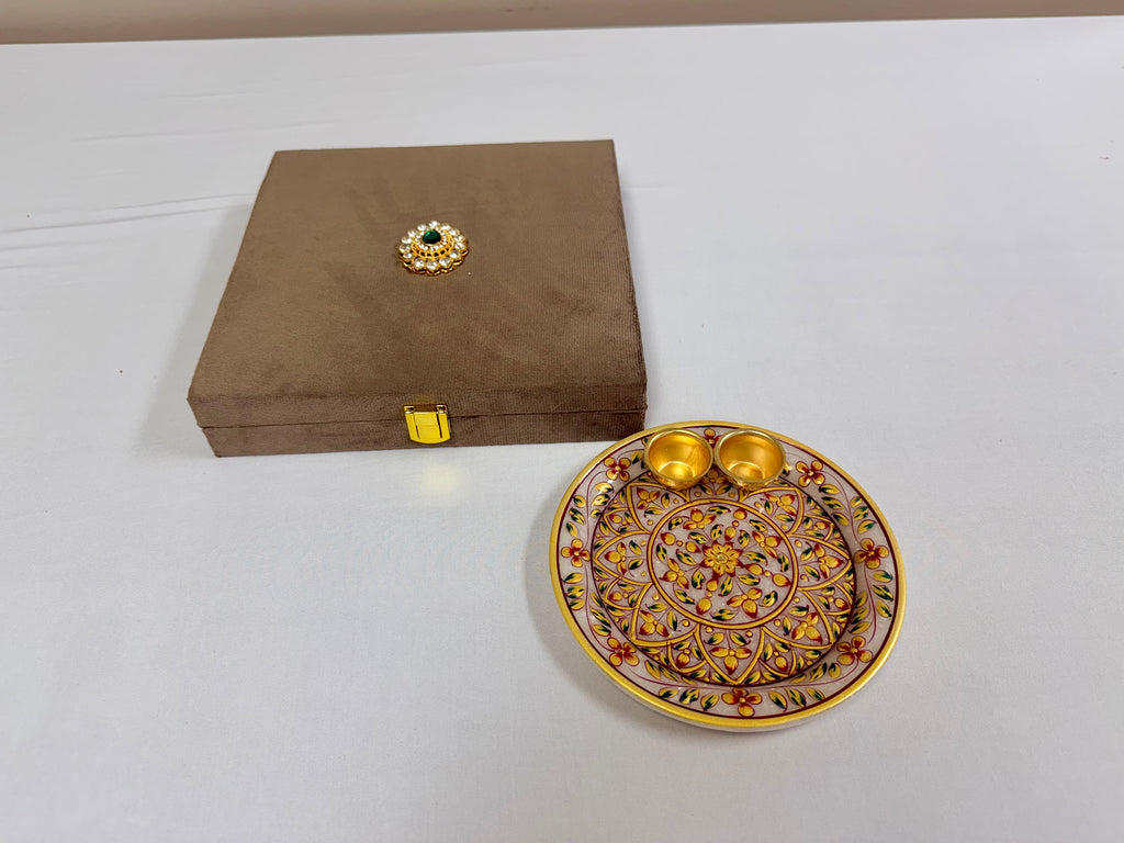 Hand-painted Marble Pooja Plate with Roli Chawal Bowls in Velvet Gift Box