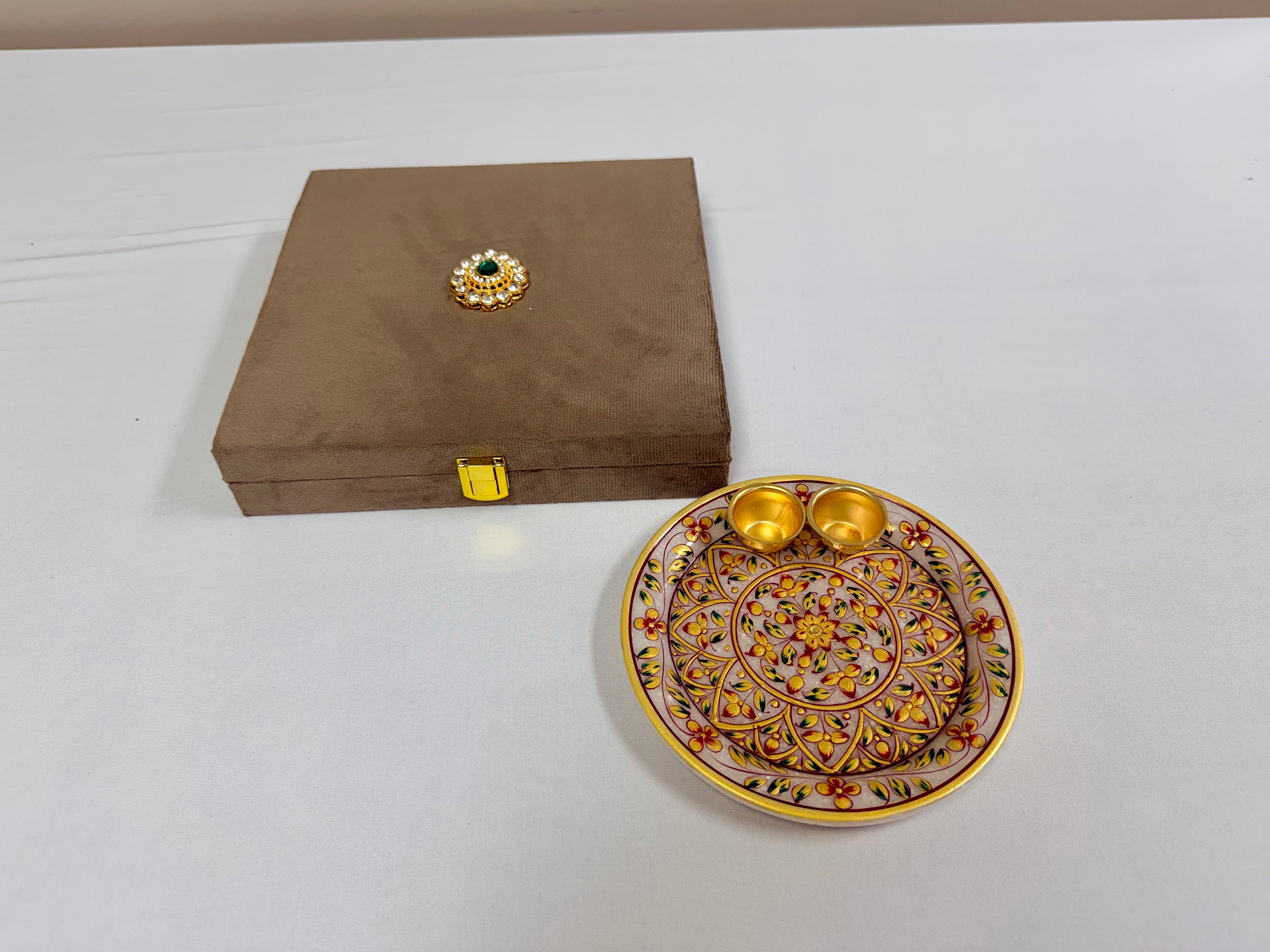 Hand-painted Marble Pooja Plate with Roli Chawal Bowls in Velvet Gift Box