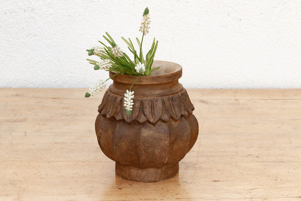 Deep Brown Carved Bulbous Marble Vase