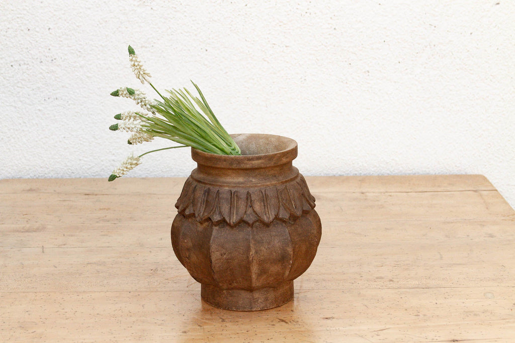 Deep Brown Carved Bulbous Marble Vase