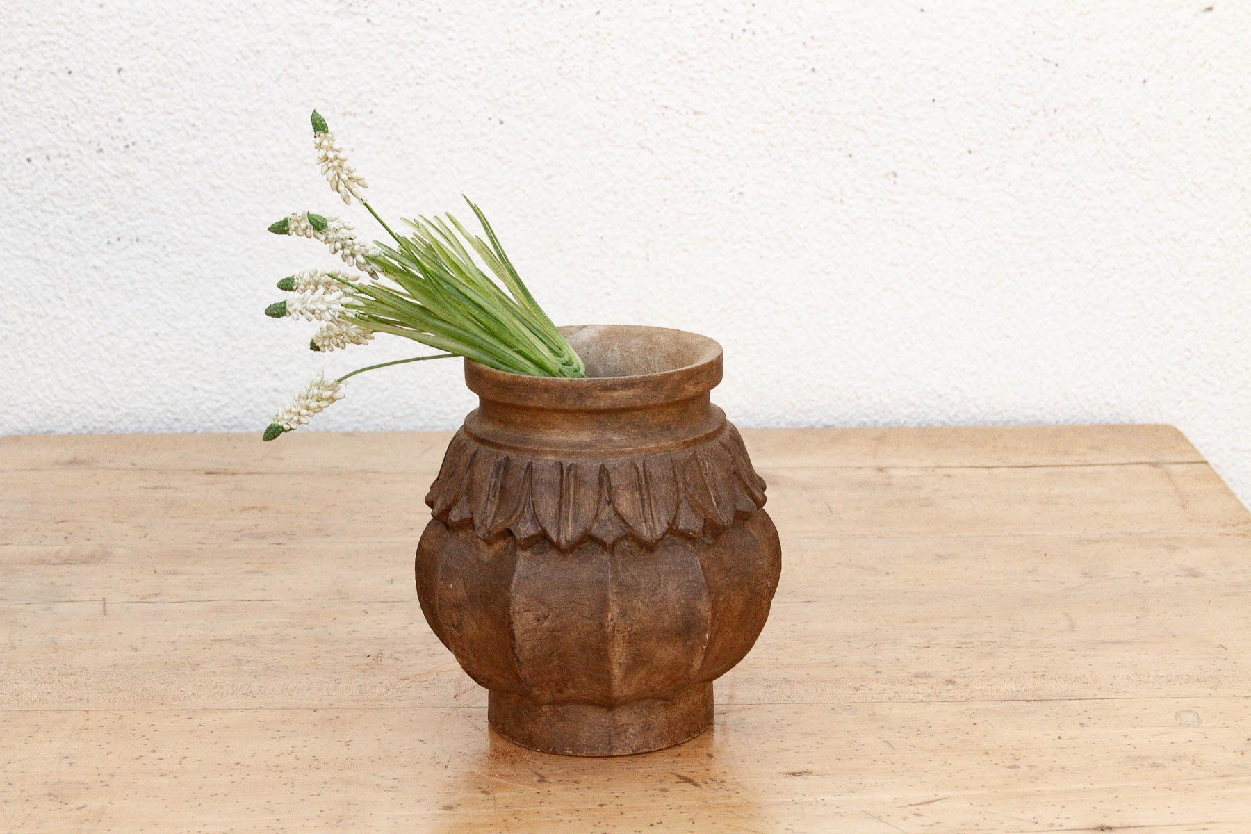 Deep Brown Carved Bulbous Marble Vase