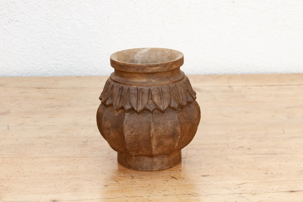 Deep Brown Carved Bulbous Marble Vase
