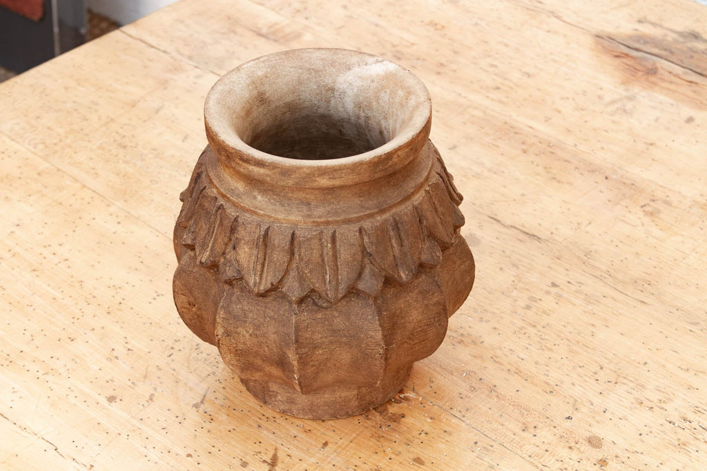 Deep Brown Carved Bulbous Marble Vase