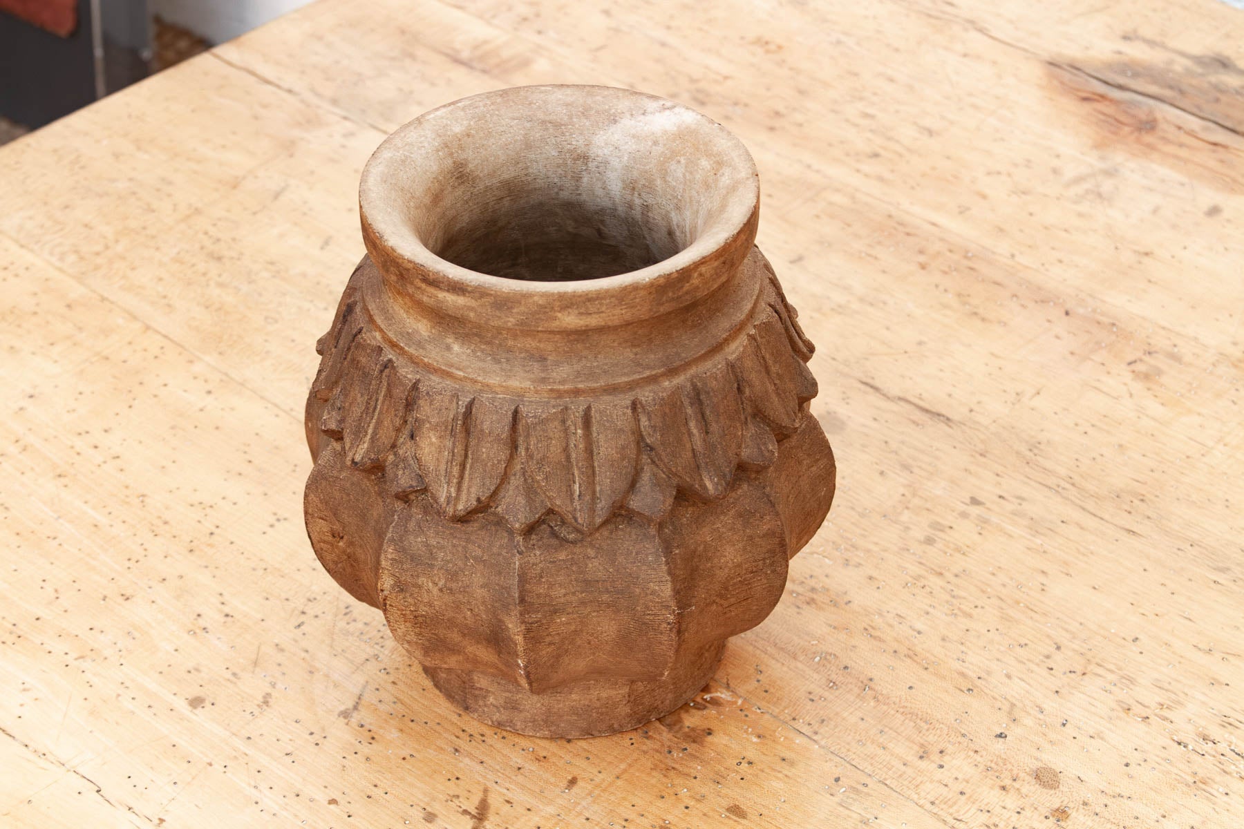 Deep Brown Carved Bulbous Marble Vase