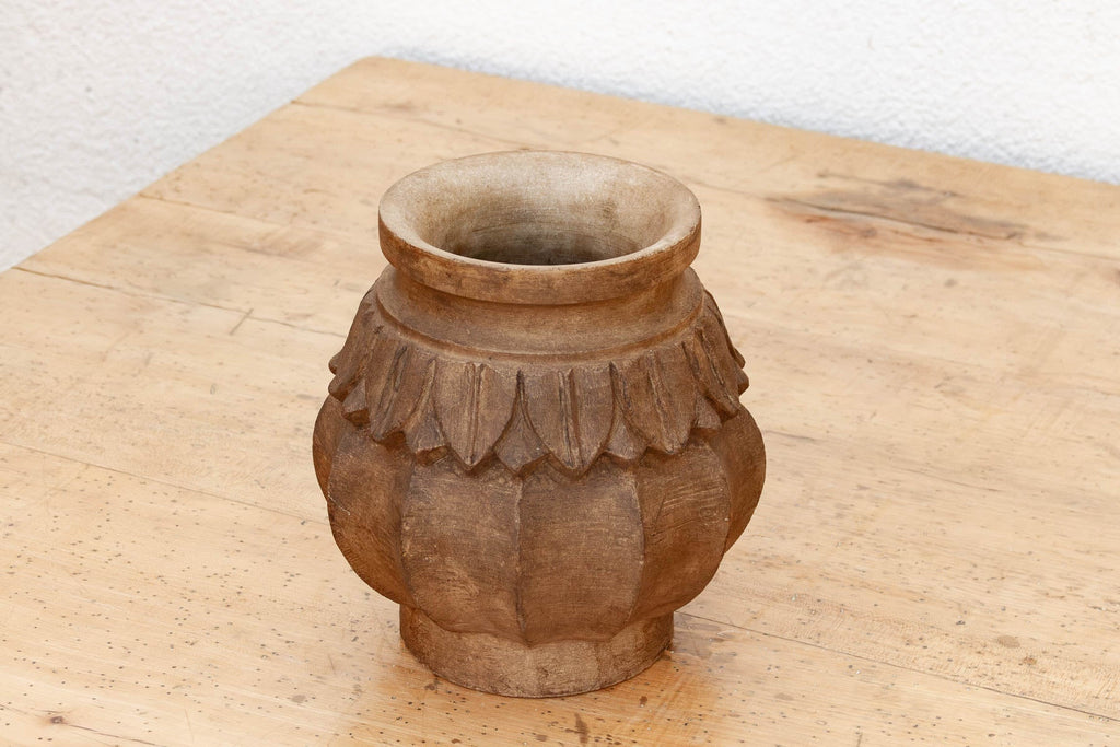 Deep Brown Carved Bulbous Marble Vase