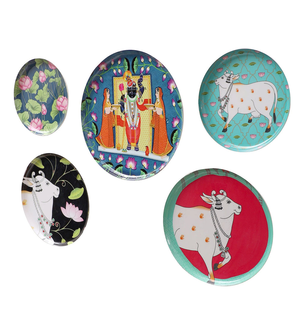 Set of 5 - Round Metal & Meena Wall Plates