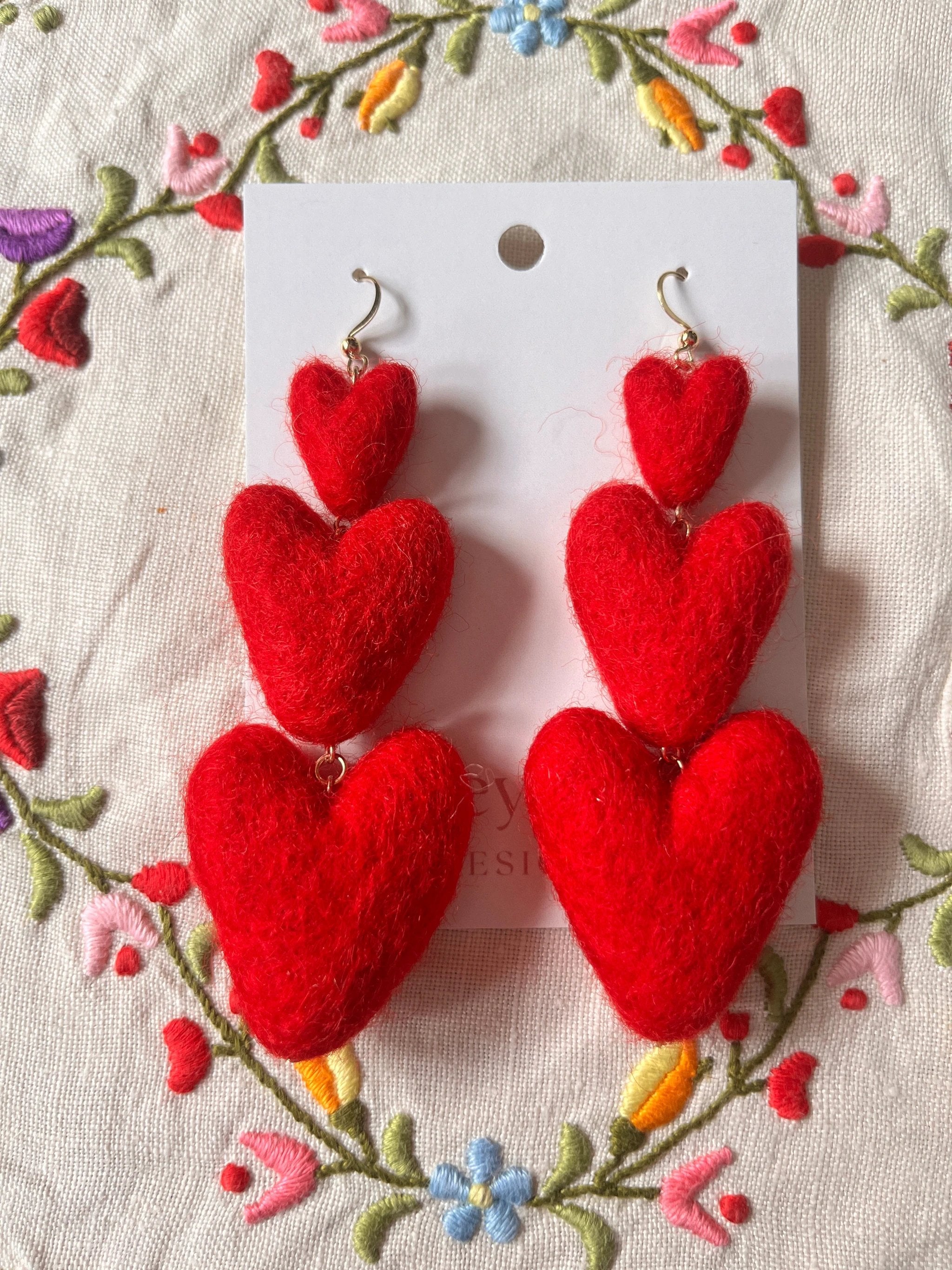 Three Tiered Heart Felt Dangle Earrings by honeyloomdesigns