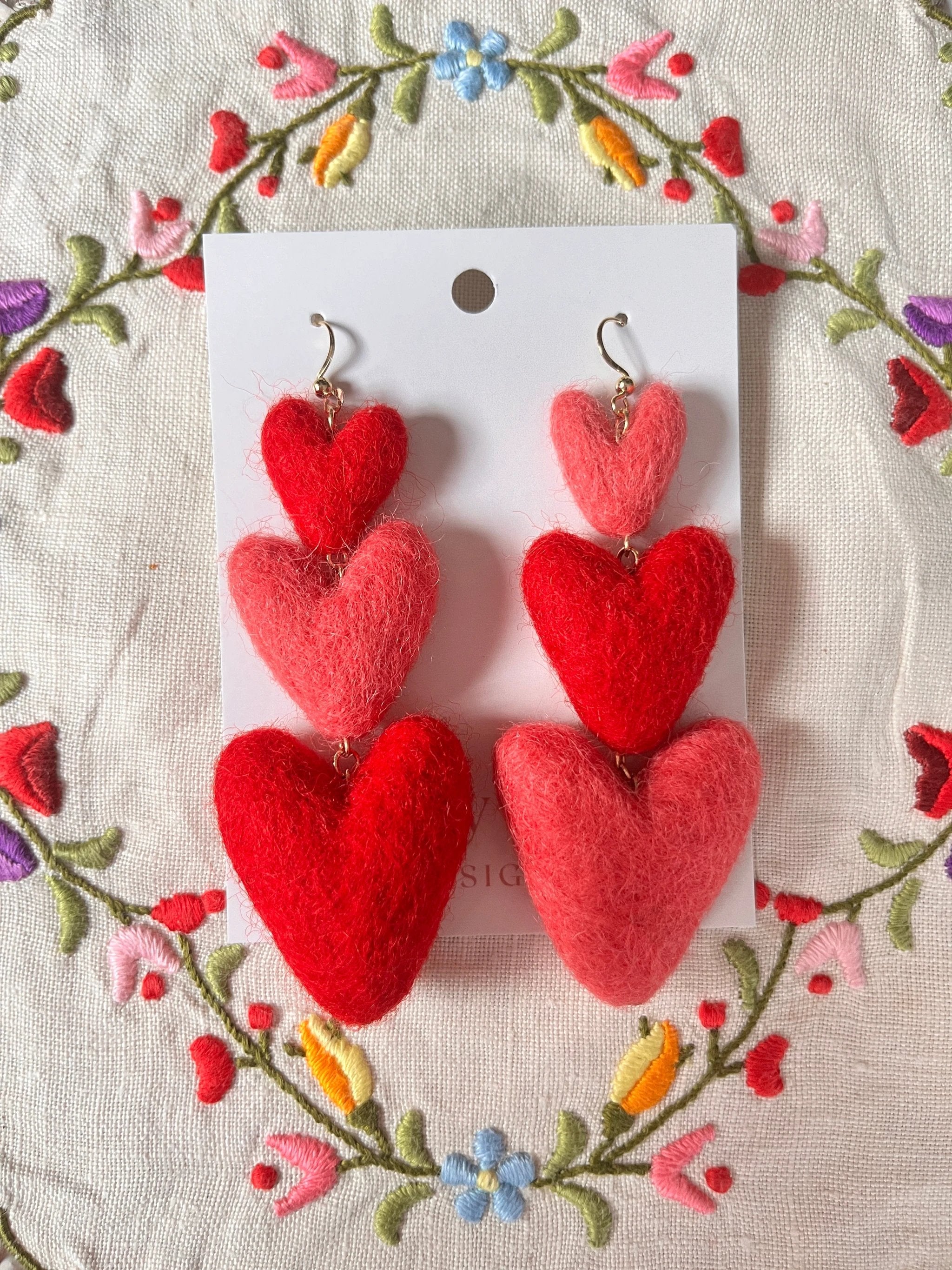 Three Tiered Heart Felt Dangle Earrings by honeyloomdesigns