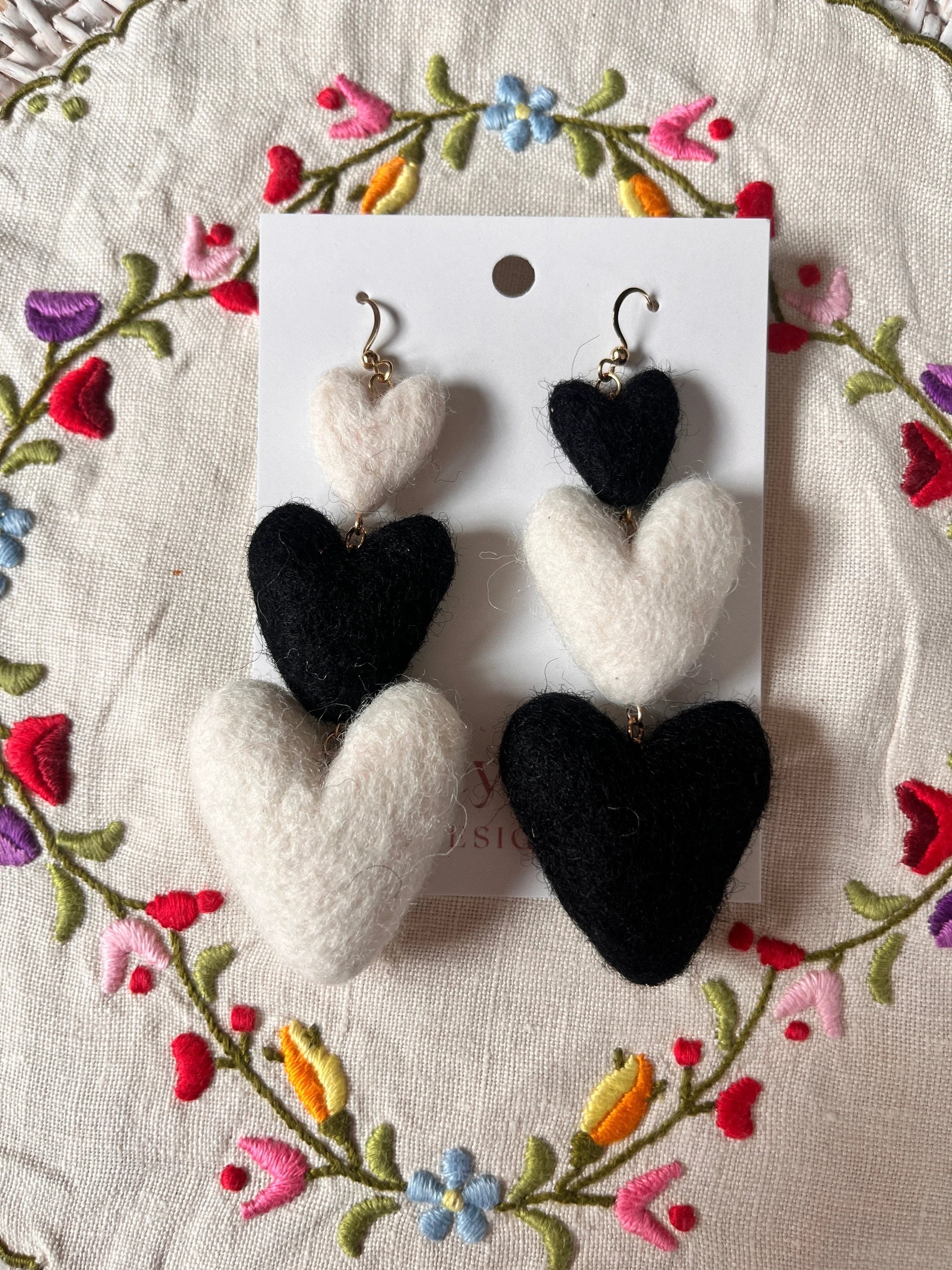Three Tiered Heart Felt Dangle Earrings by honeyloomdesigns