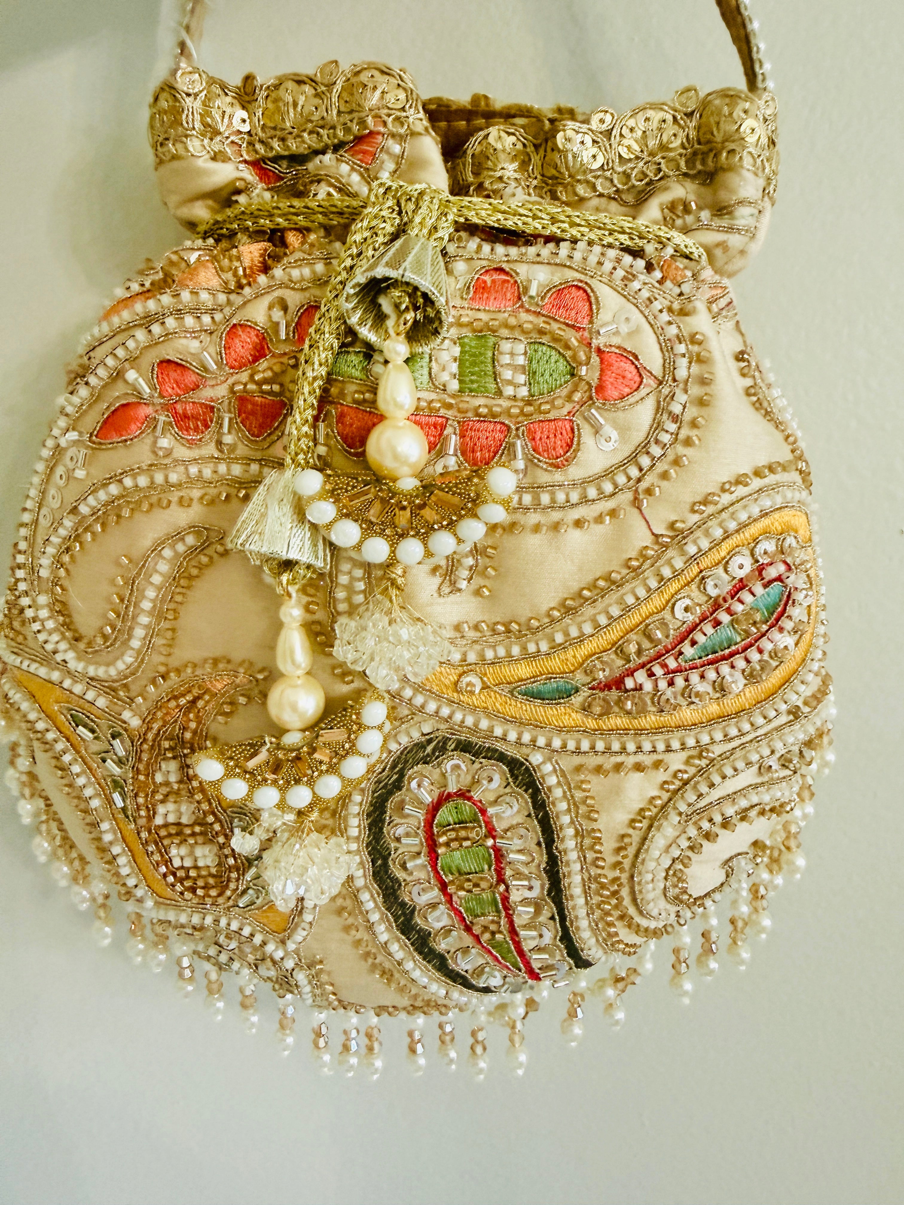 Multicolor Thread-work Embroidered Silk Potli Bag