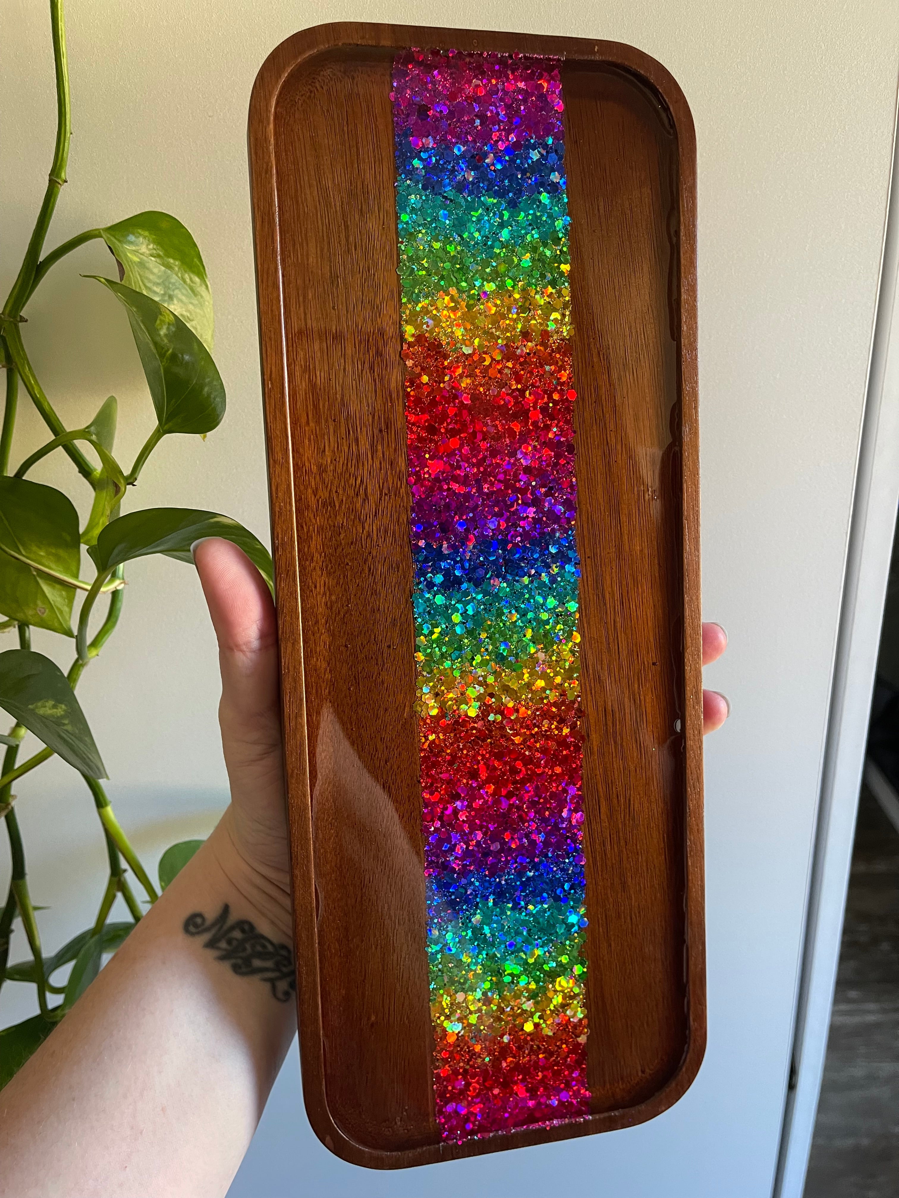 Glitterwhore Rainbow Medium Rectangular Acacia Wood Tray