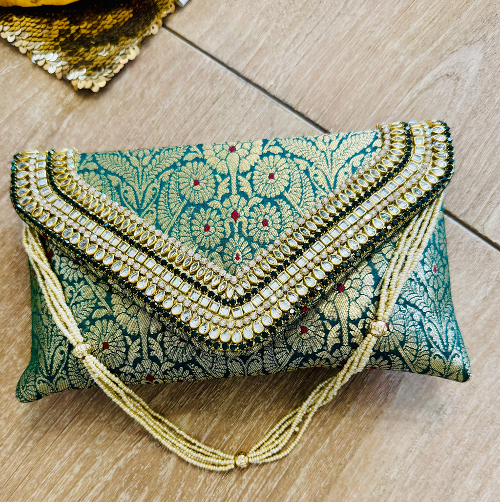 Brocade Elegant Envelope-style Clutch with Stone on Edges