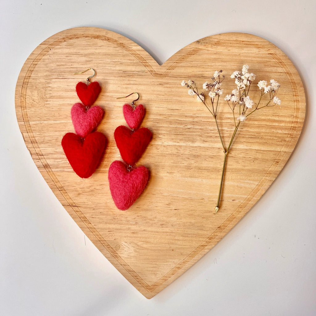 Three Tiered Heart Felt Dangle Earrings by honeyloomdesigns