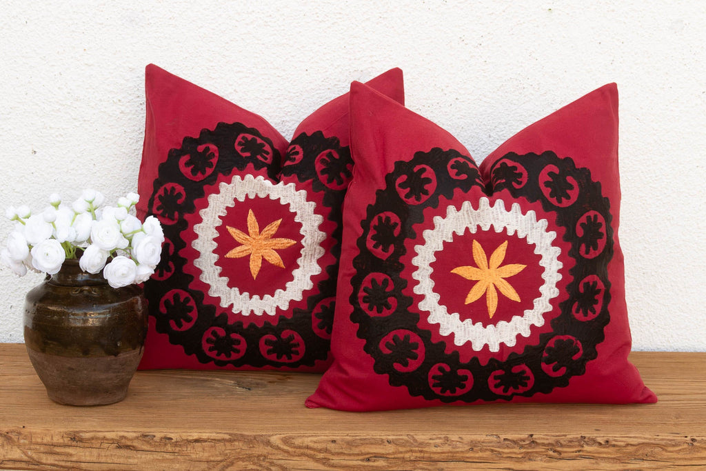 Black Scalloped Suzani Pillow Covers, Pair