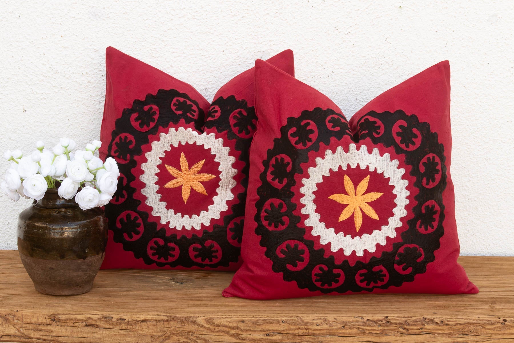 Black Scalloped Suzani Pillow Covers, Pair