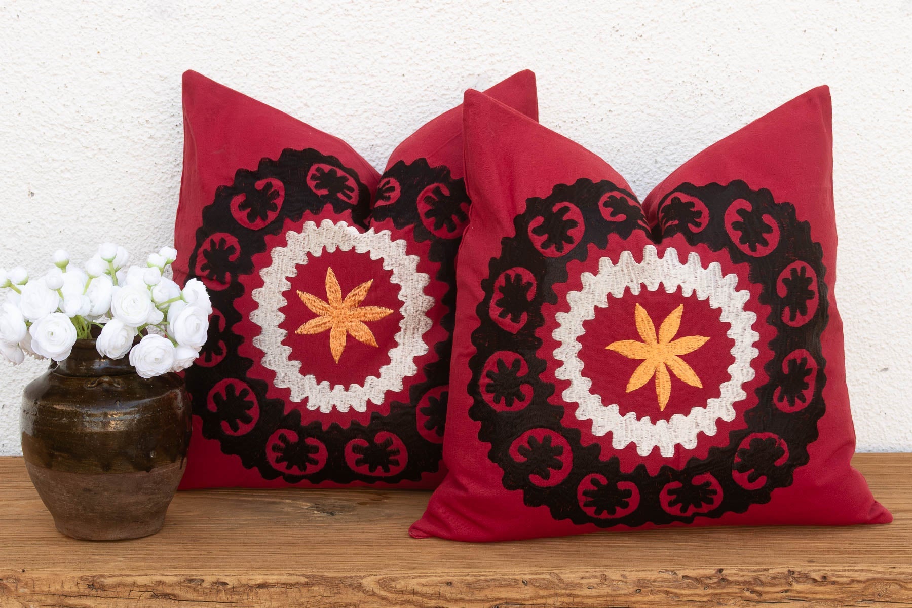 Black Scalloped Suzani Pillow Covers, Pair