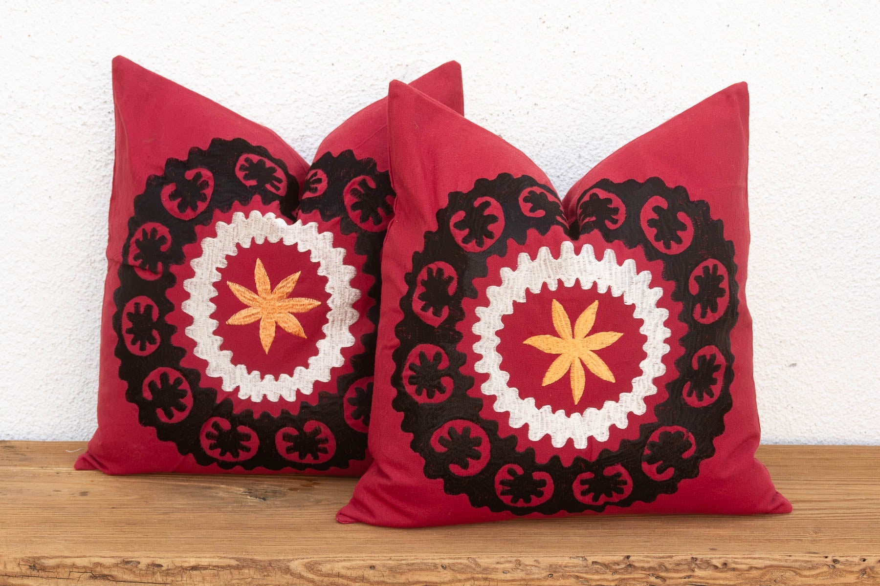 Black Scalloped Suzani Pillow Covers, Pair