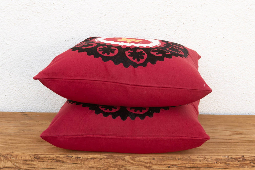 Black Scalloped Suzani Pillow Covers, Pair