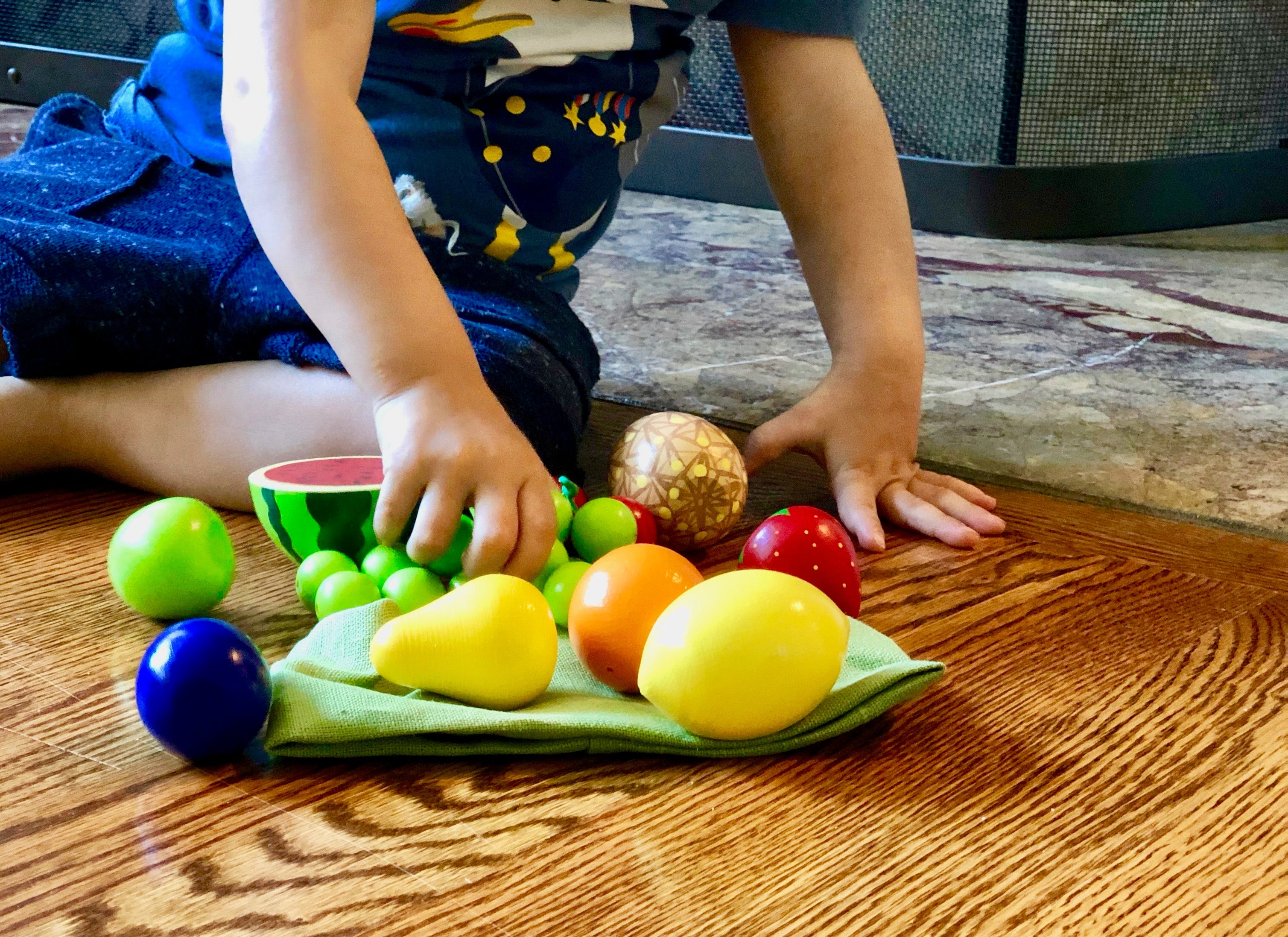 Wooden Fruit Toys in a cloth Tote