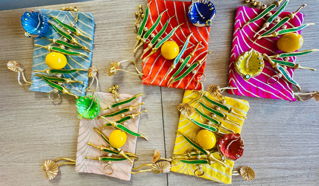 Ready-to-gift Combo Set includes One Metal Yellow & Green Nimbu Mirchi Charm & One Hand painted Clay Diya with Potli Gift Bag Set of 5 for Diwali or Indian Festivals or Occasions as Return Gift