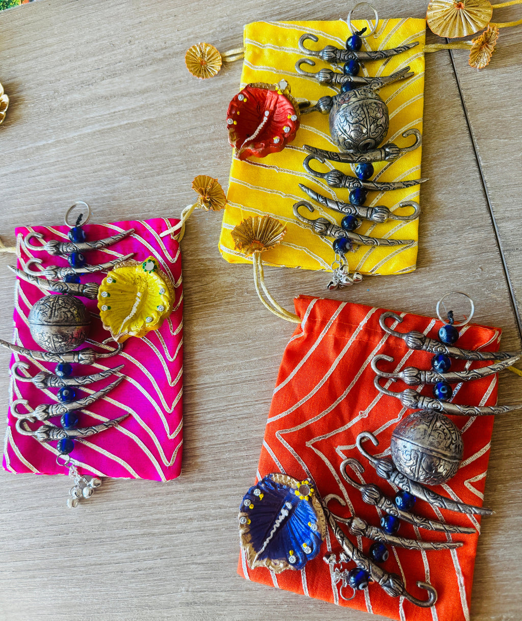 Ready-to-gift Combo Set includes Oxidized Nimbu Mirchi Charm & Hand painted Clay Diya with Potli Gift Bag Set of 5 for Diwali or Indian Festivals or Occasions as Return Gift