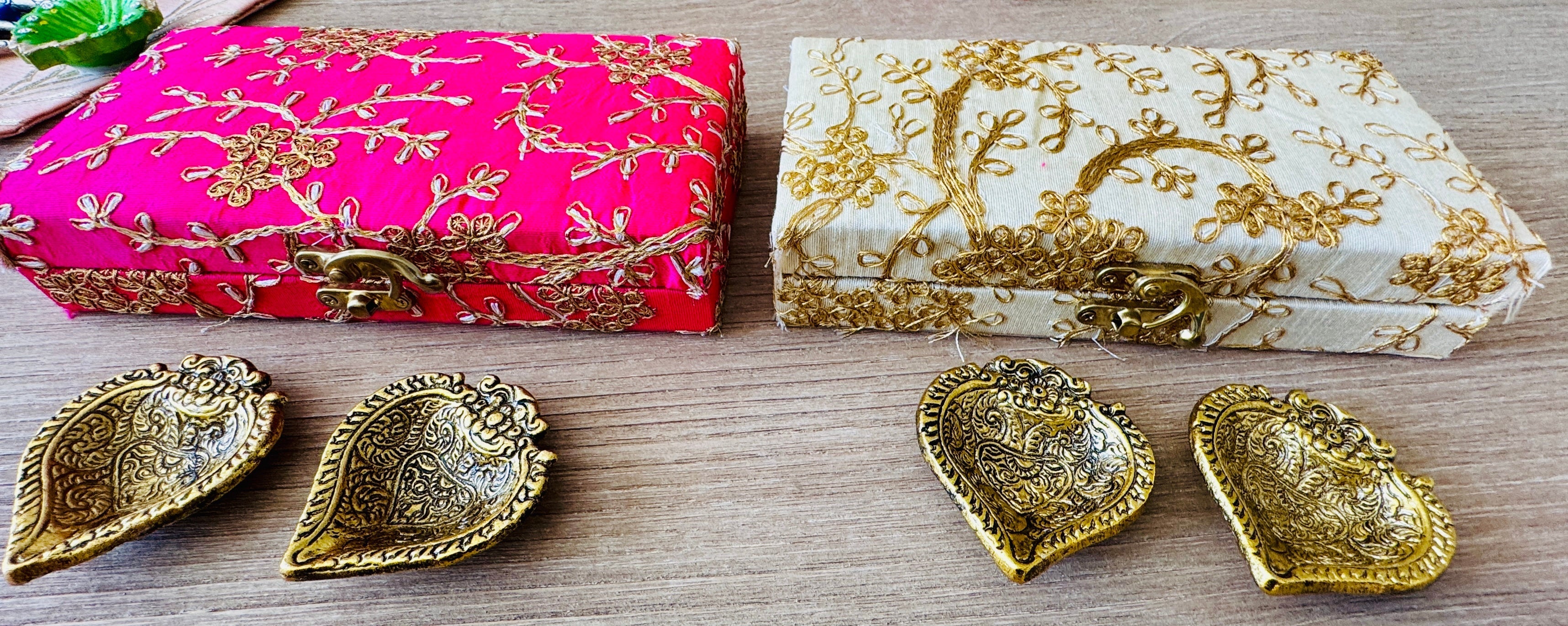 Ready-to-gift Combo Set includes Two Metal Diya's with Embroidered Gift Box set of 4  for Diwali or Indian Festivals or Occasions as Return Gift