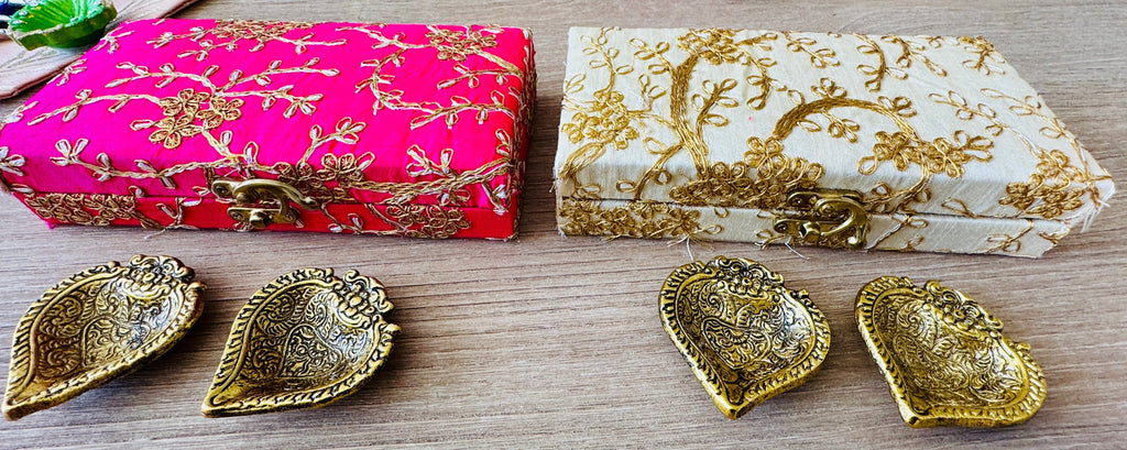 Ready-to-gift Combo Set includes Two Metal Diya's with Embroidered Gift Box set of 2  for Diwali or Indian Festivals or Occasions as Return Gift