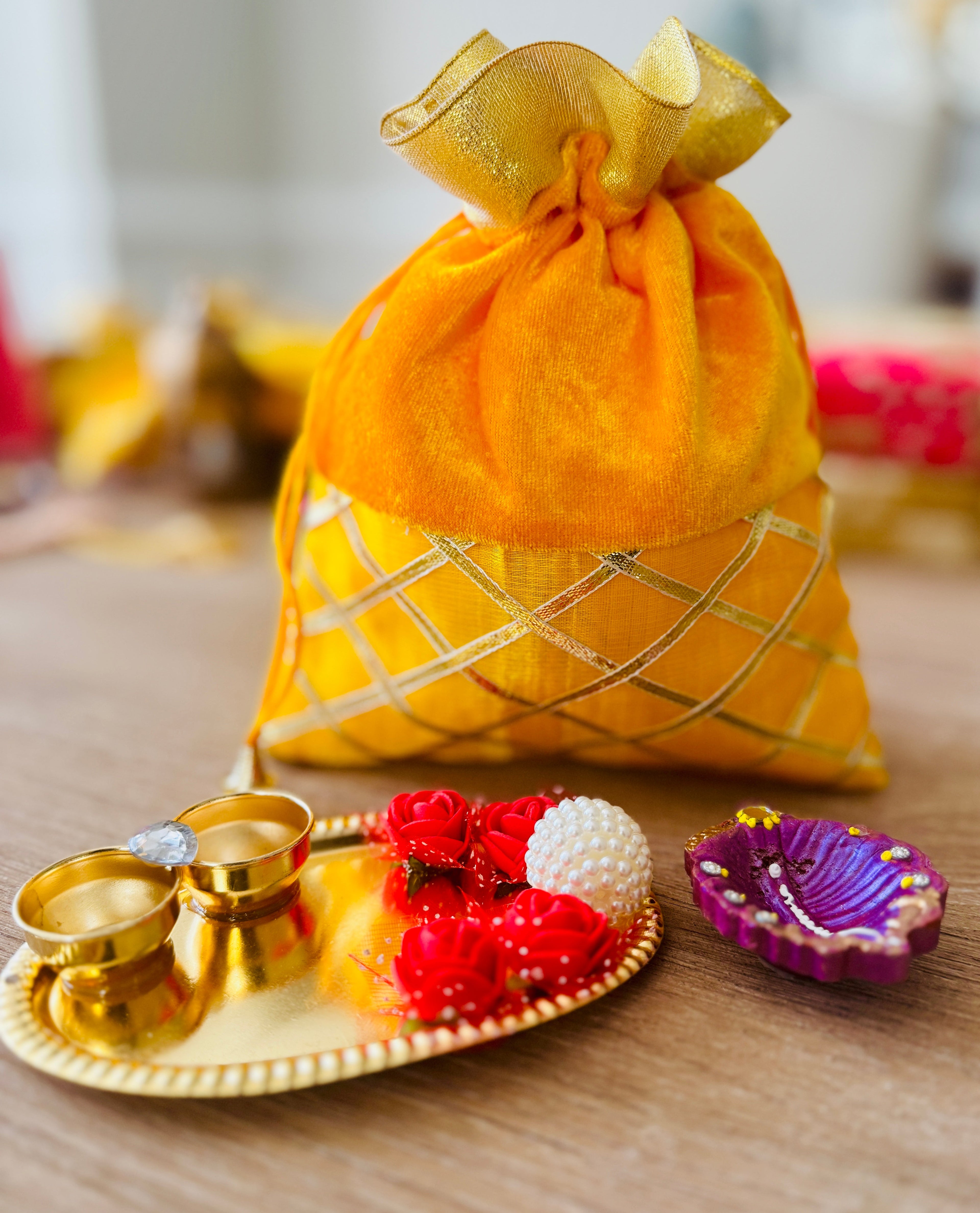 Ready-to-gift Combo Set includes One Beautiful Pearl Haldi Kumkum Plate & One Handpainted clay Diya with Potli Gift Bag Set of 4 for Diwali or Indian Festivals or Occasions as Return Gift