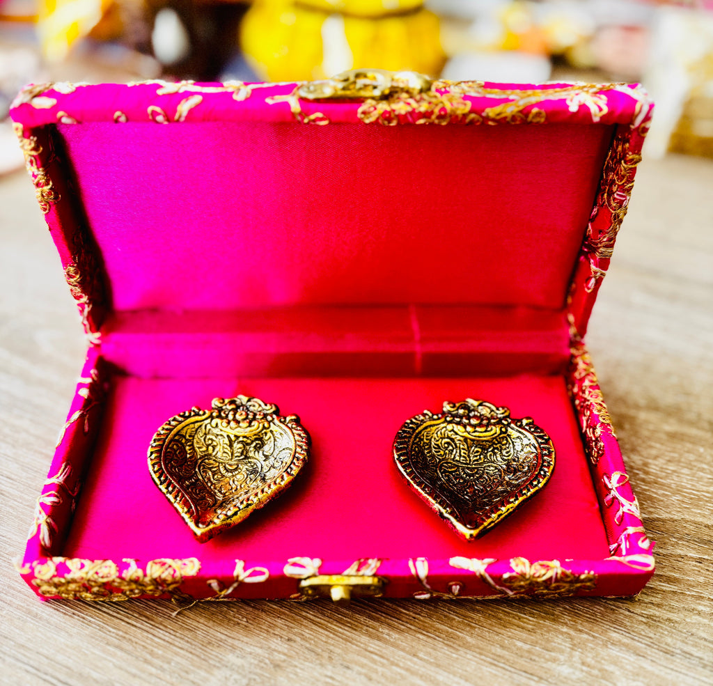 Ready-to-gift Combo Set includes Two Metal Diya's with Embroidered Gift Box set of 4  for Diwali or Indian Festivals or Occasions as Return Gift