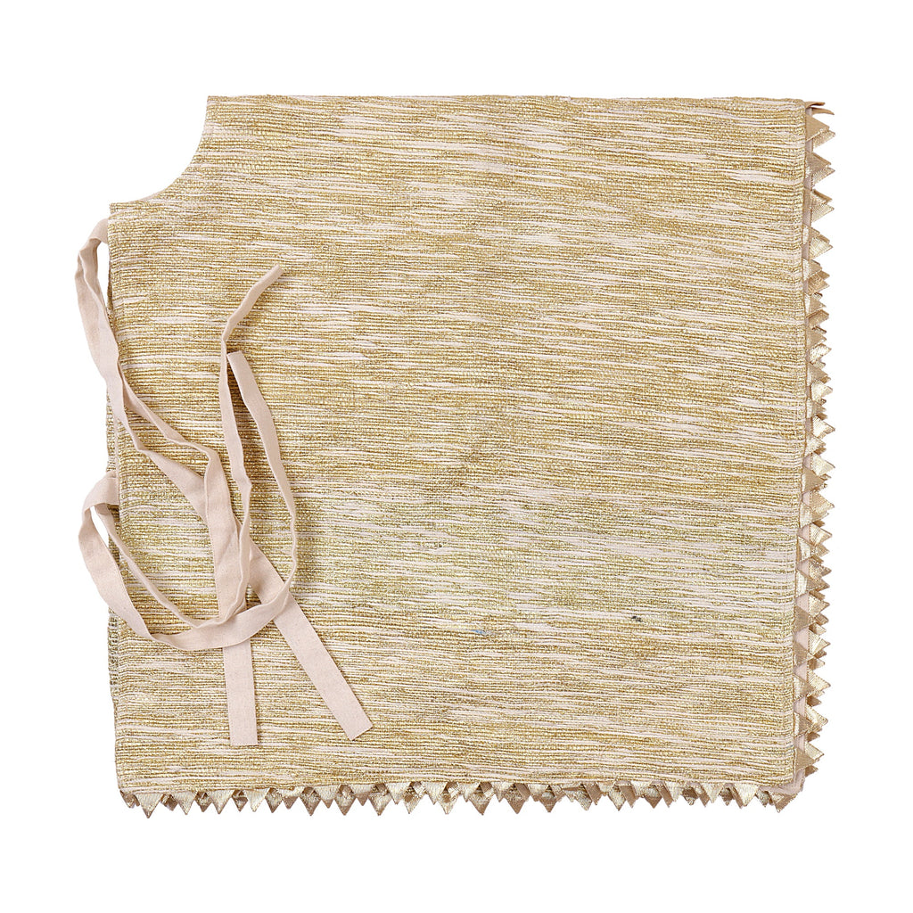 Square tree skirt made from upcycled golden-brown vintage saree fabric with woven texture and zigzag pinking shear edges, featuring a center opening with beige ribbon ties for closure, photographed against a white background