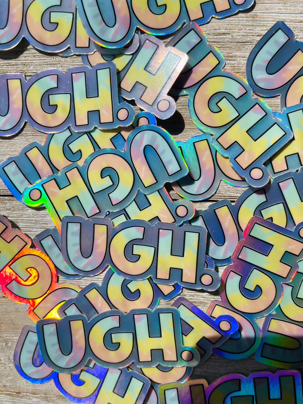 "Ugh" Pastel Rainbow Tie Dye Holographic Sticker