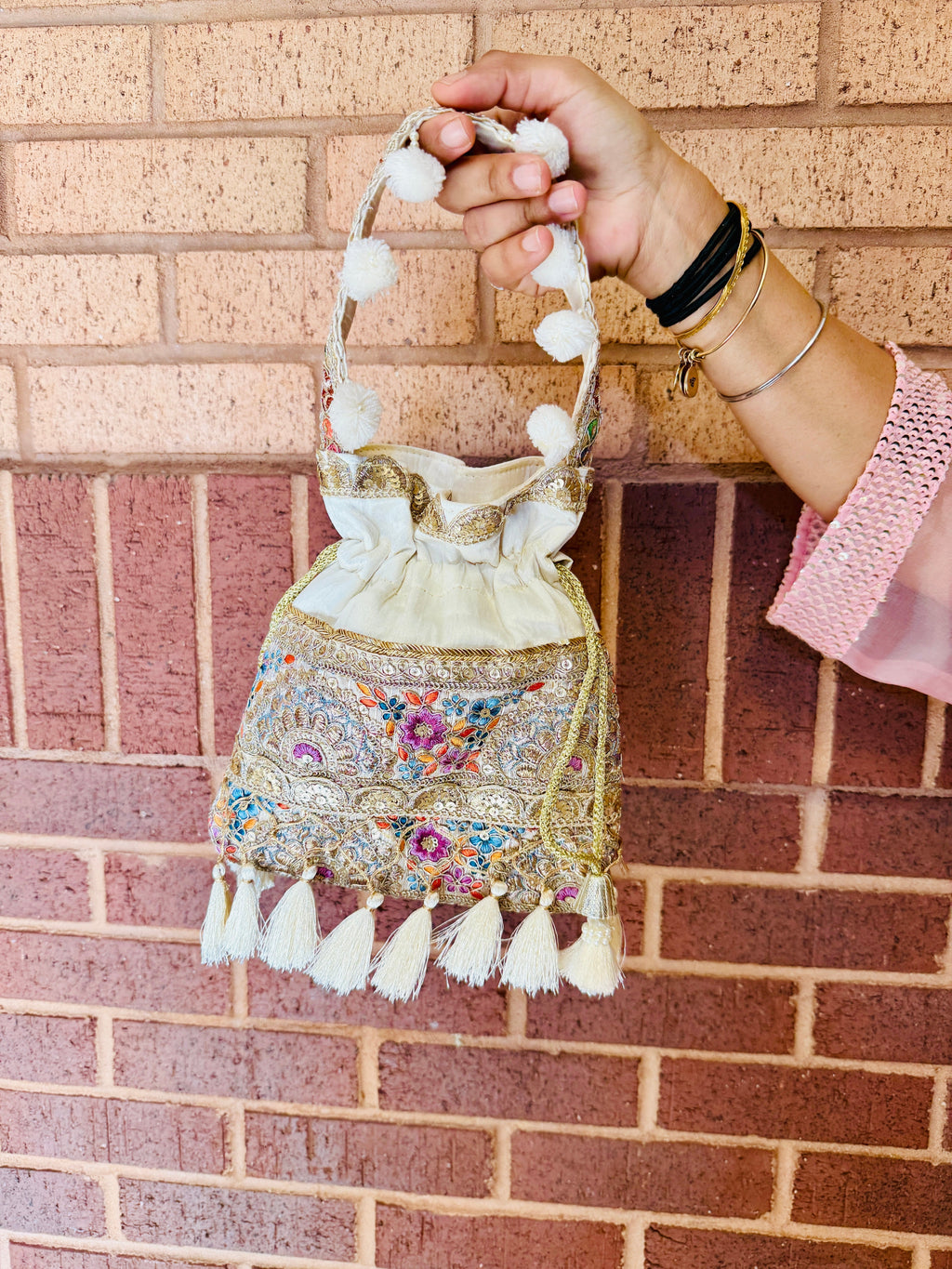 Silk Potli Bag with Hand Embroidery, Pom Pom & Tassels