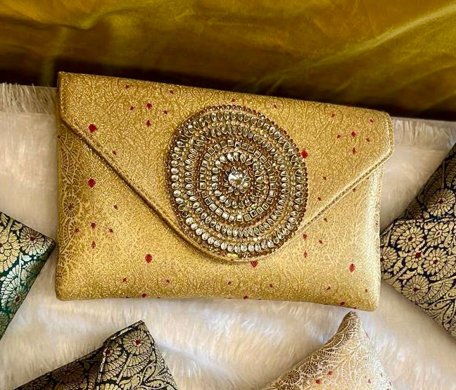 Rich Brocade Zari Clutch with Circular Motif With Stone