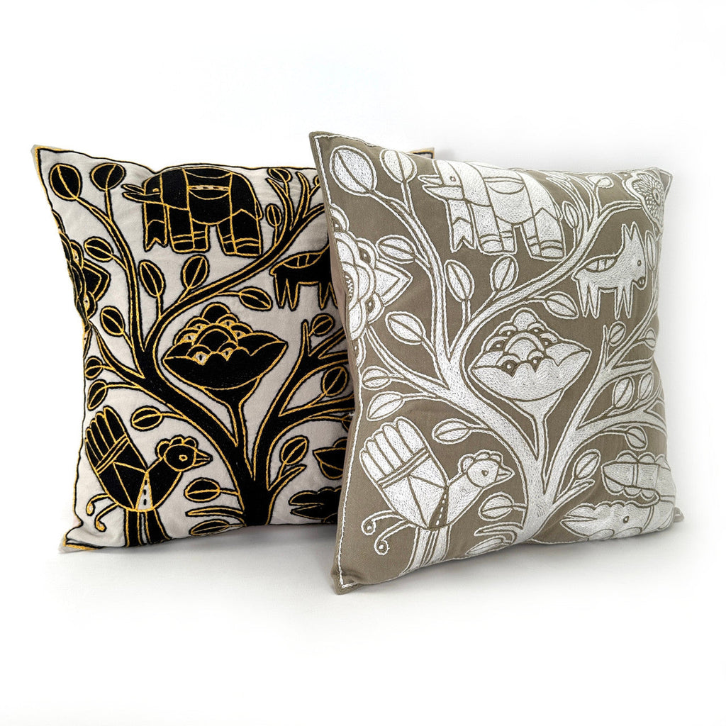 Beige and White Hand Embroidered Pillow Cover
