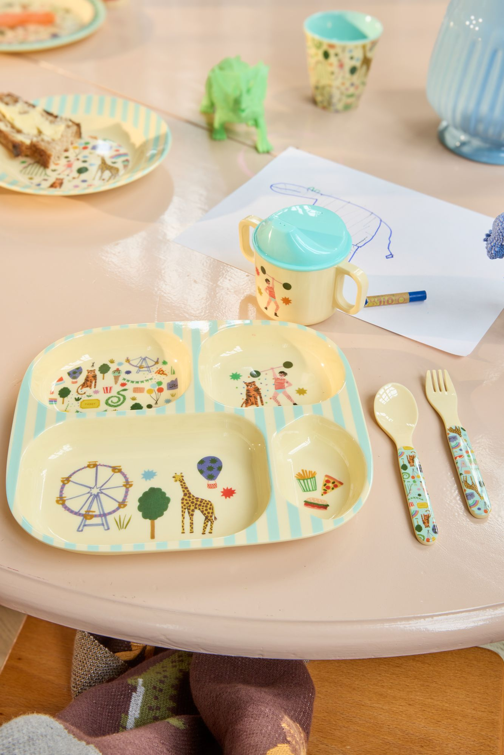 Melamine Kids 4 Room Plate - Fun Fair Mint Print -