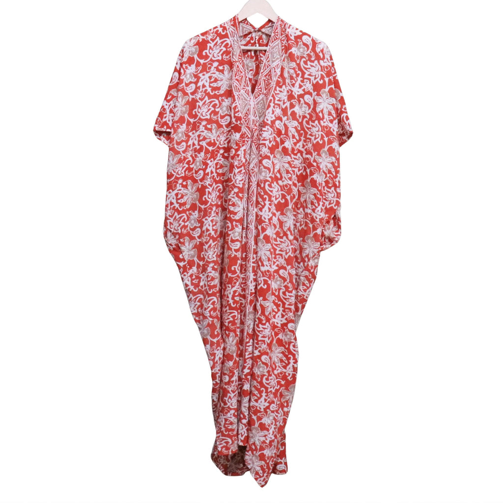 Hand Dyed Batik Kaftan Dress 100% Soft Cotton Material, Maxi, Long, Fiery Flora Dress, Caftan