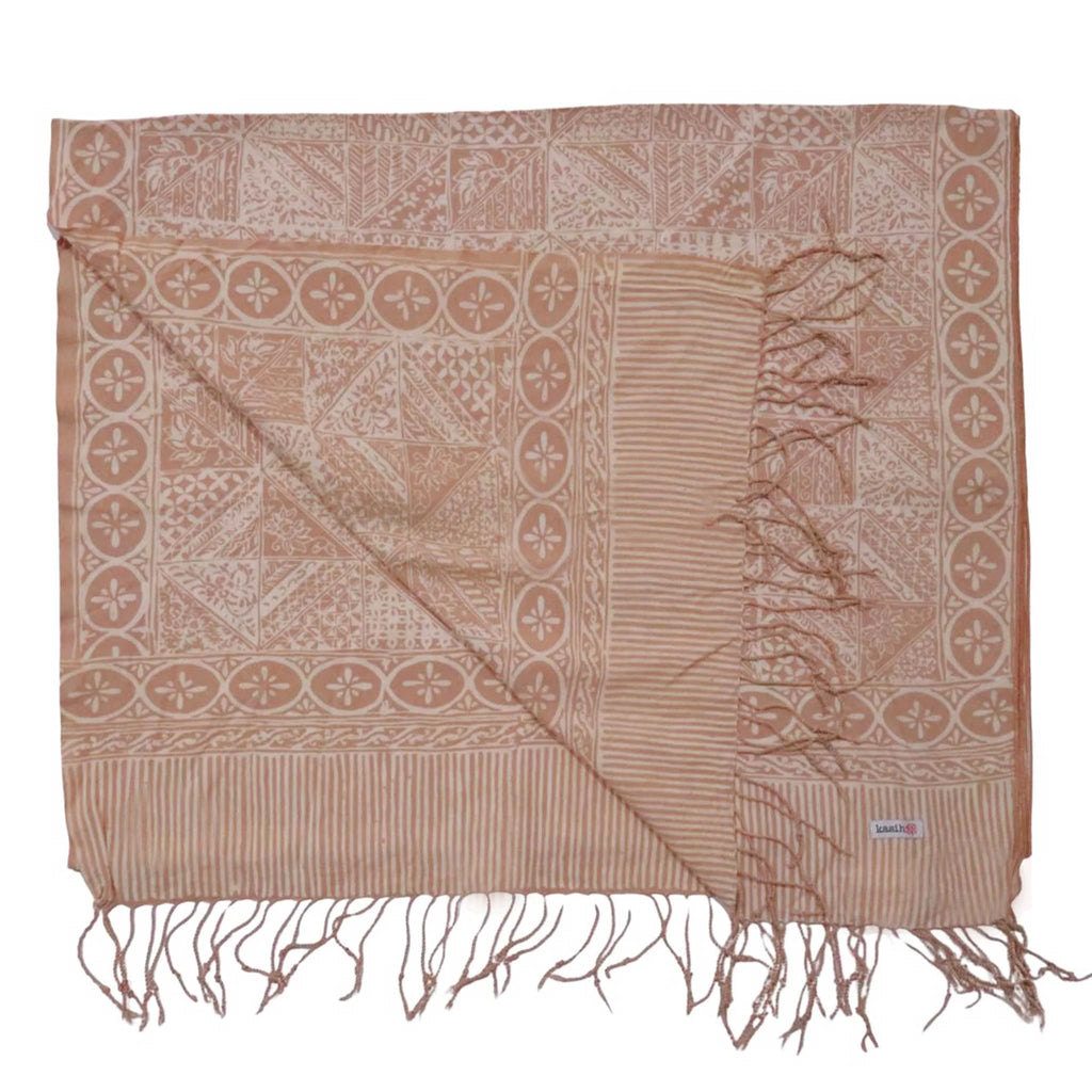 Handmade Batik Scarf - soft Cotton - Apricot Grid, Peach, Coral by Kasih Co-op